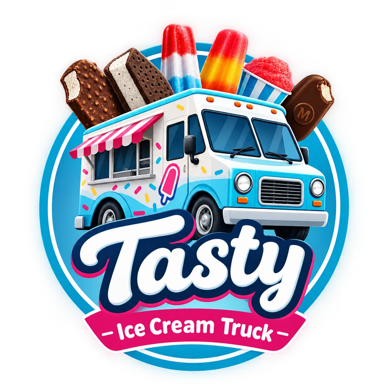 Tasty Ice Cream Truck — a blue and pink ice cream truck loaded with ice cream bars, sandwiches, Bomb Pops and Italian ice